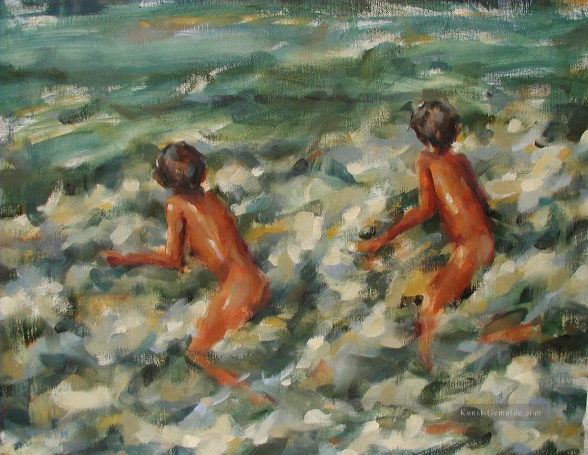 Jungen spielen Wellen Impressionismus Kinder Strang Ölgemälde
